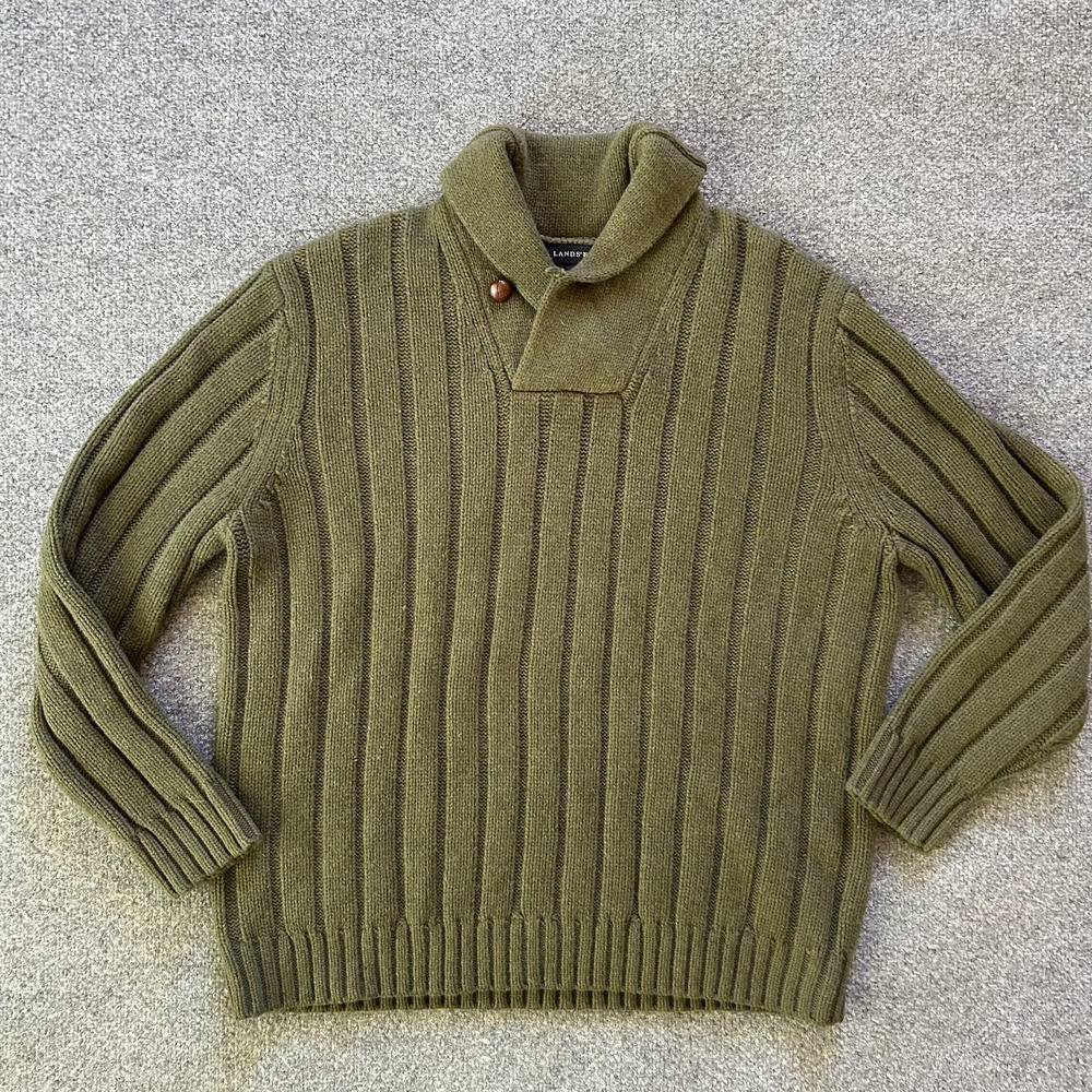 Lands' End Sweater Men Large Olive Shawl Collar Merino Wool Ribbed Tactical